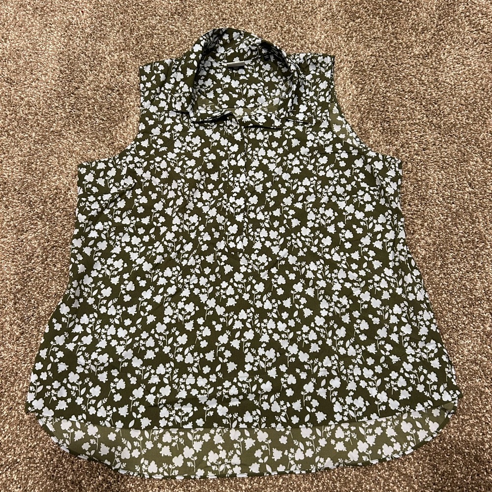 CAbi Green and White Floral Blouse
